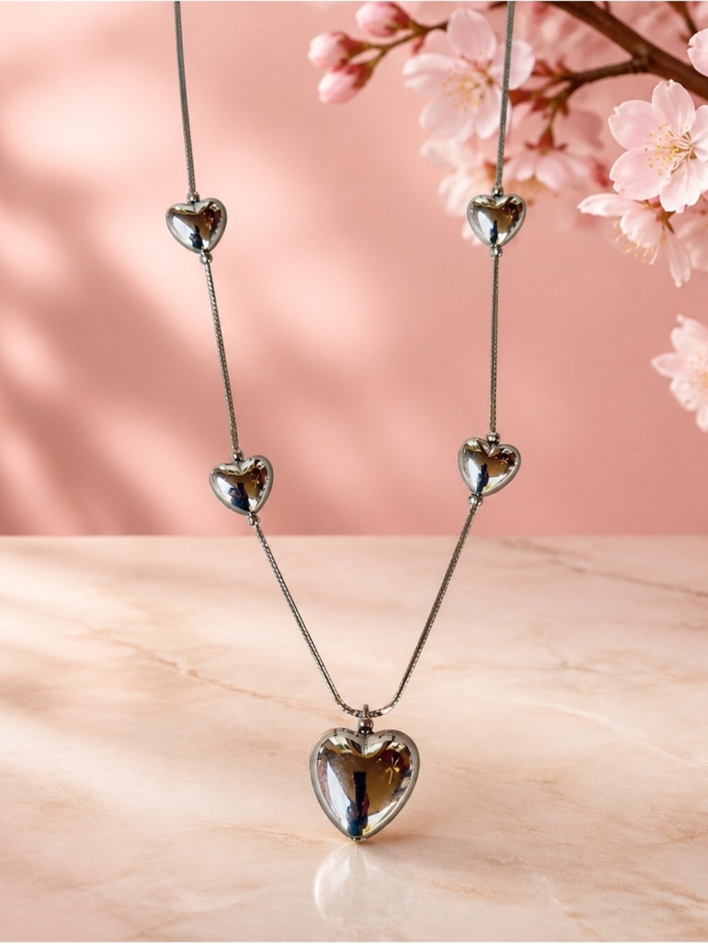 Vintage Silver Puffy Heart Station Choker Necklace 12.5”